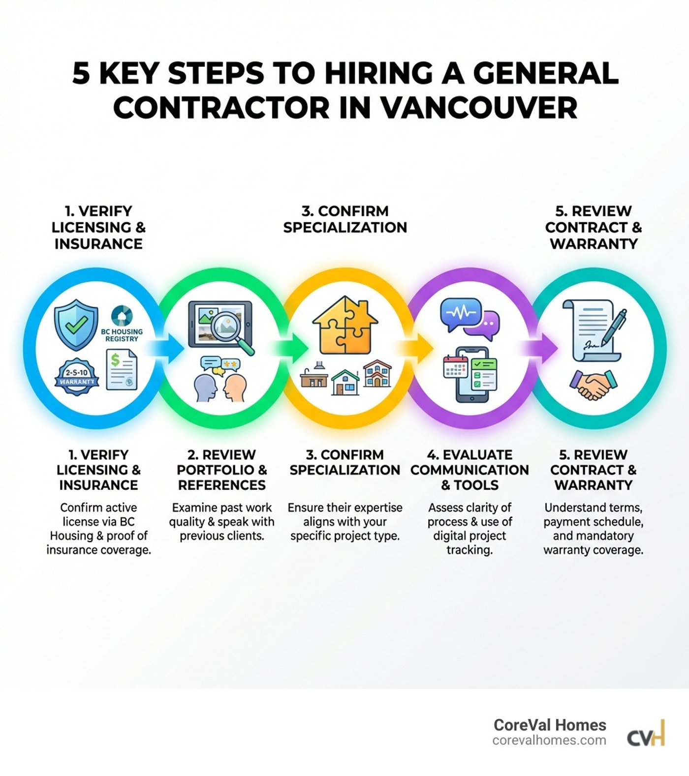 Infographic showing 5 key steps to hiring a general contractor in Vancouver: 1. Verify licensing and insurance through BC Housing registry, 2. Review portfolio and check client references, 3. Confirm specialization matches your project type, 4. Evaluate communication process and project management tools, 5. Review contract terms and warranty coverage - Vancouver general contractor infographic