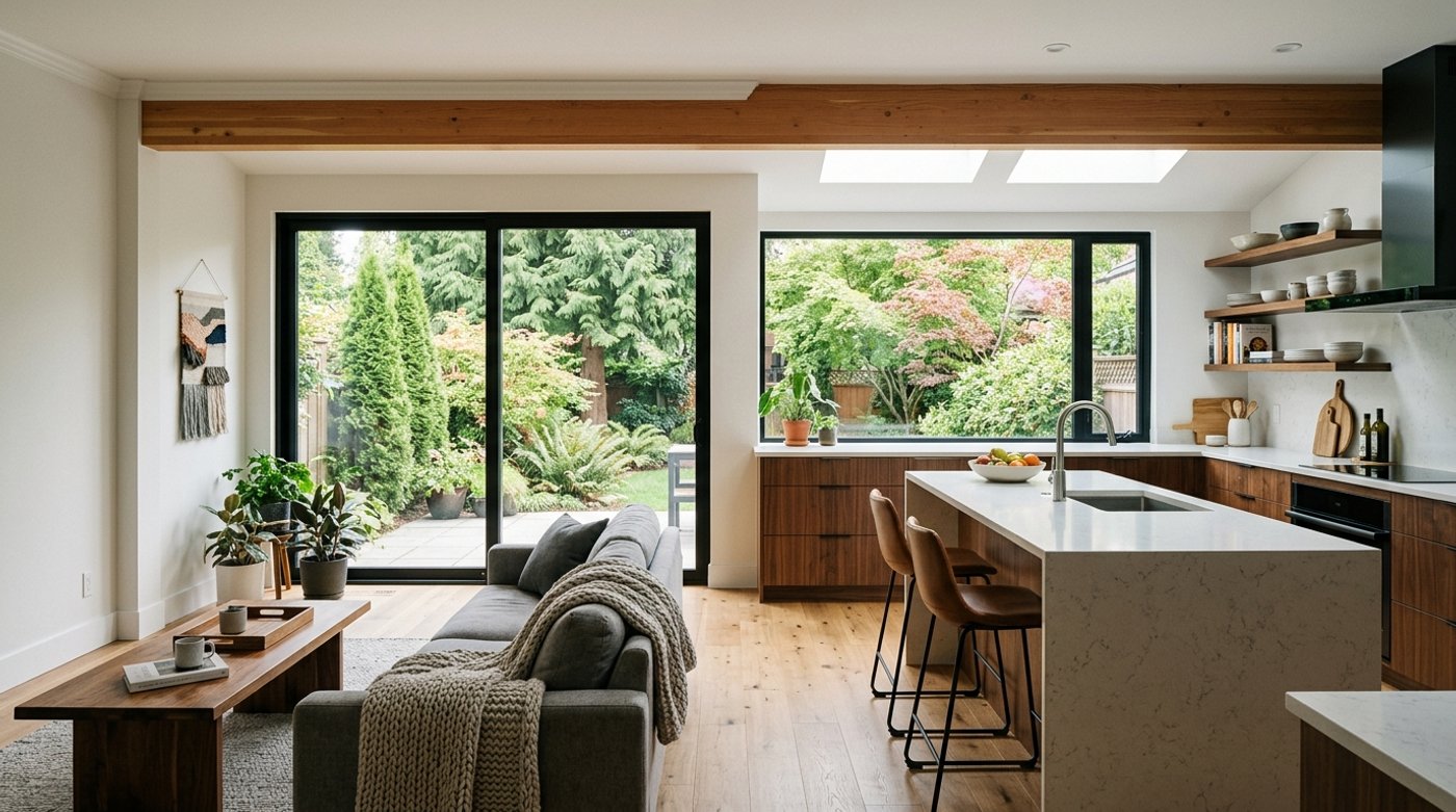 Finished kitchen and living space inside a modern Greater Vancouver home addition