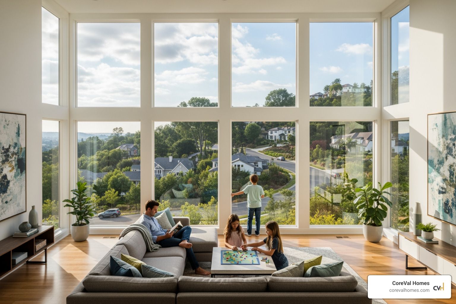 A family enjoying a new, spacious second-floor living room with great views - Second floor addition plans