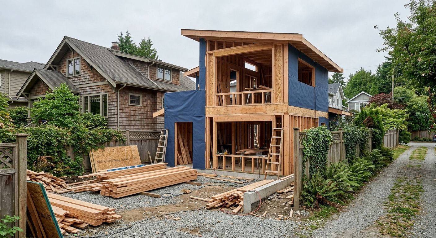 Vancouver laneway home construction on a tight residential lot with clean framing and organized materials