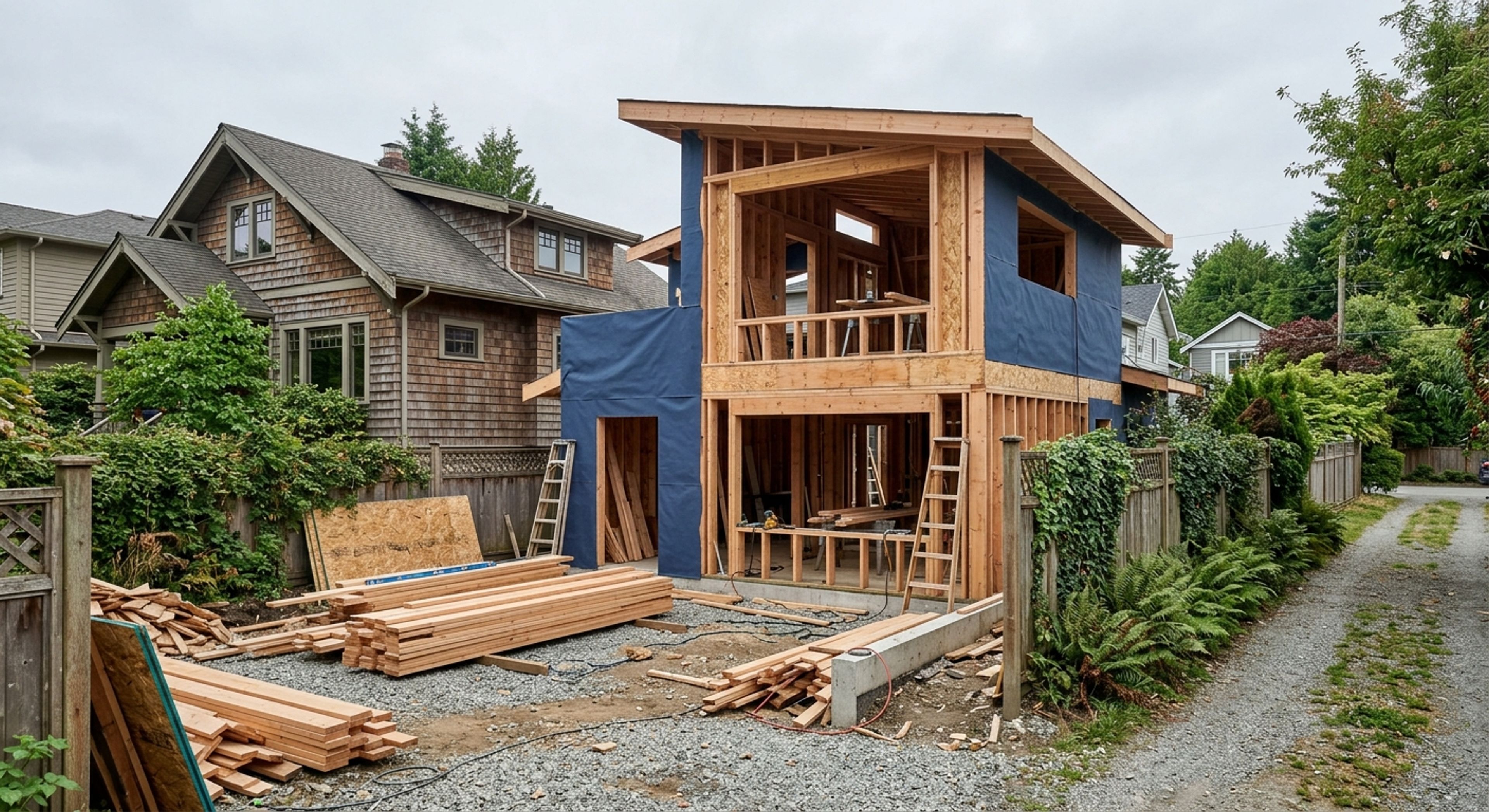 Vancouver laneway home construction on a tight residential lot with clean framing and organized materials