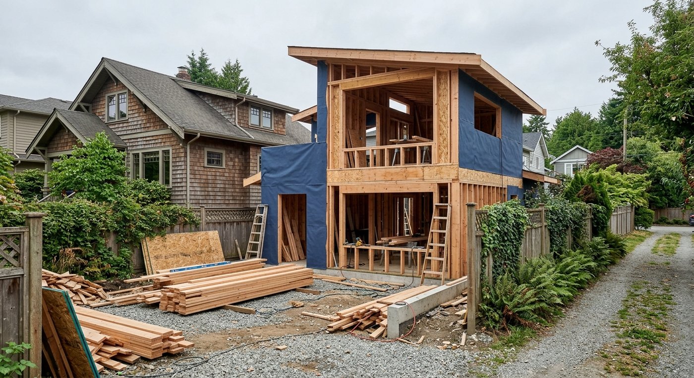 Vancouver laneway home construction on a tight residential lot with clean framing and organized materials