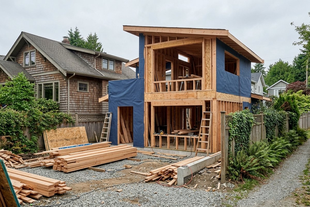 Vancouver laneway home construction on a tight residential lot with clean framing and organized materials