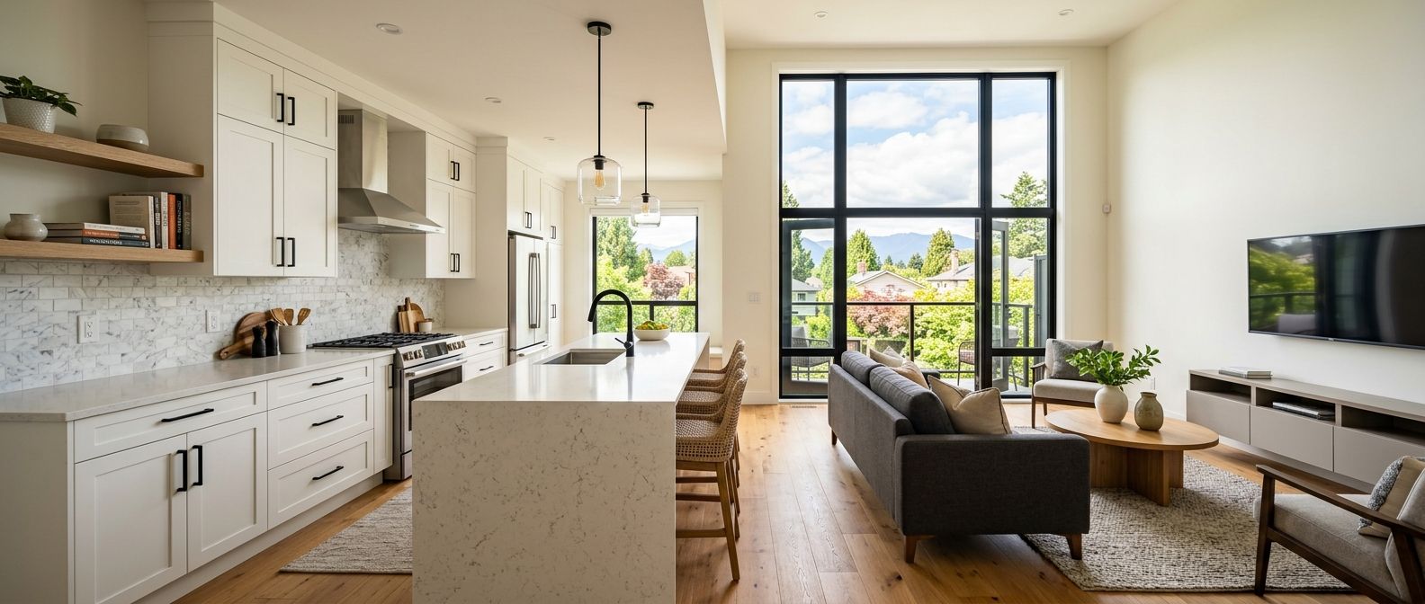 Renovated open-concept kitchen and living space in a Metro Vancouver home showcasing high-ROI renovation outcomes