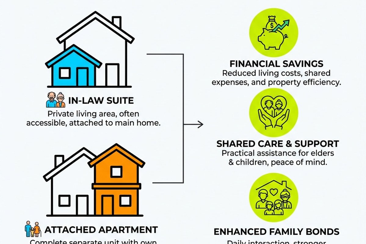 Infographic showing common multi-generational layouts like in-law suites and attached apartments, alongside benefits such as financial savings, shared care, and enhanced family bonds. - multi-generational house plans infographic