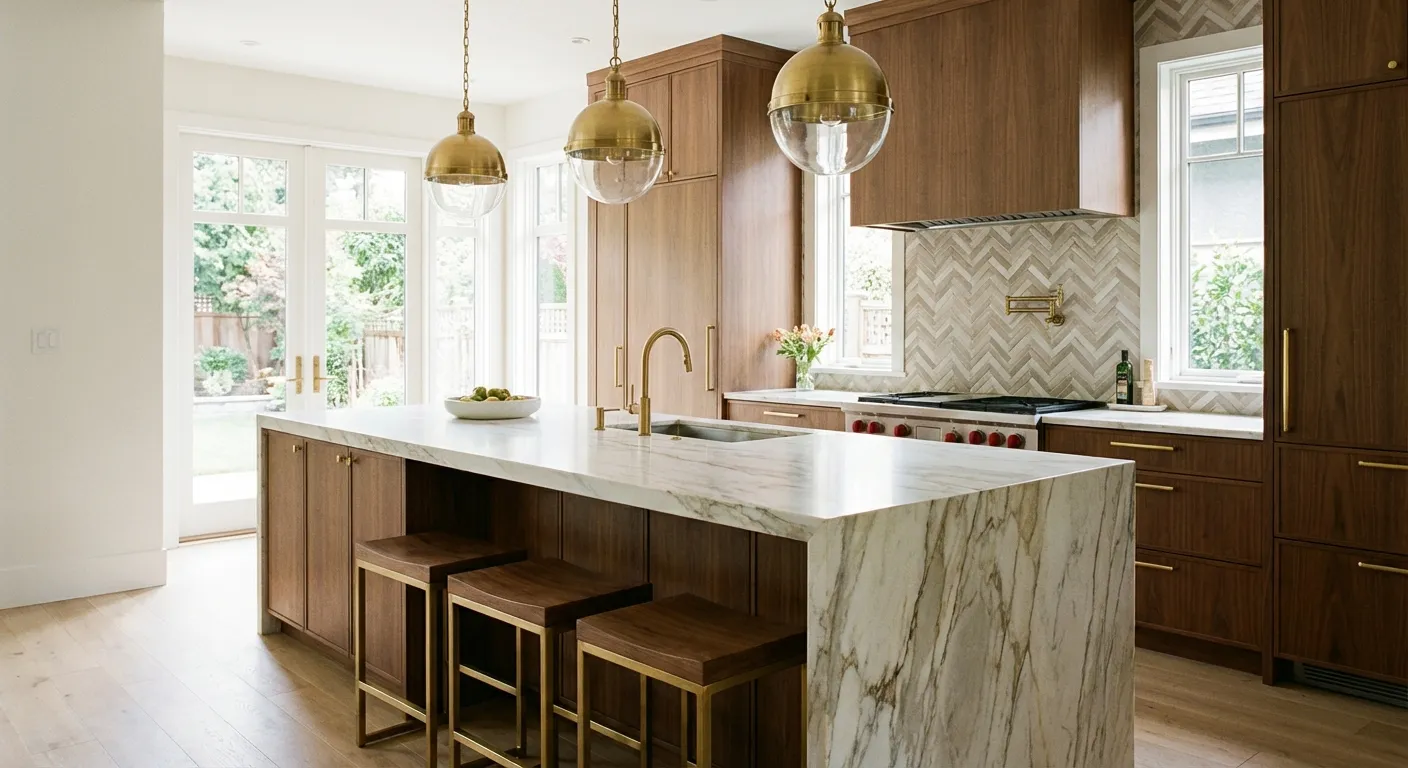 Premium kitchen renovation by CoreVal Homes Vancouver — waterfall marble island and custom cabinetry