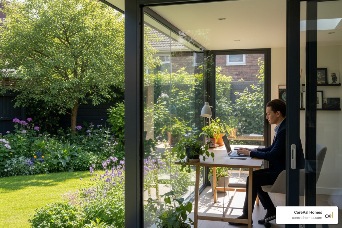 person working in backyard office - backyard office vancouver
