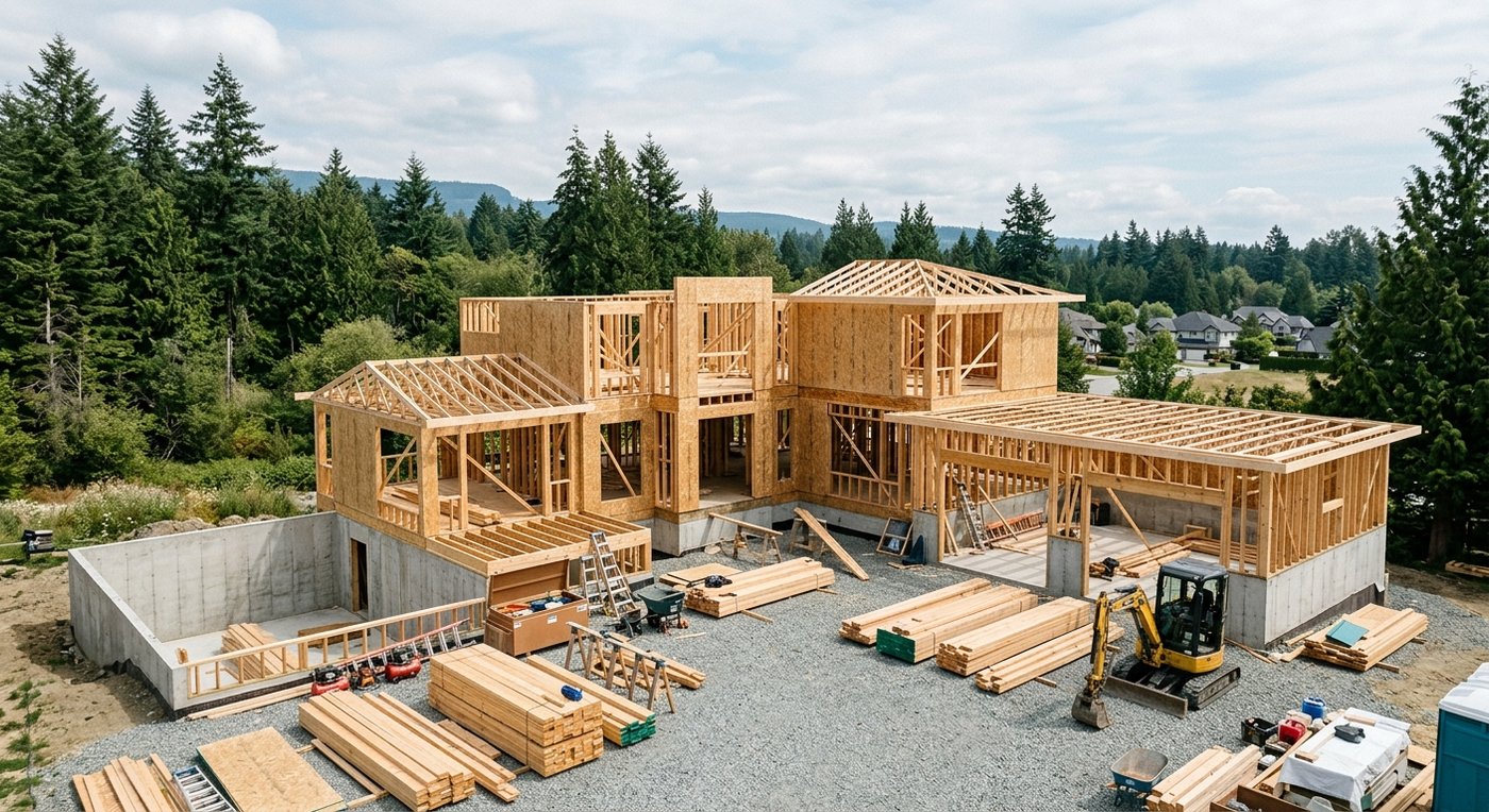 Custom home framing on a Langley residential construction site