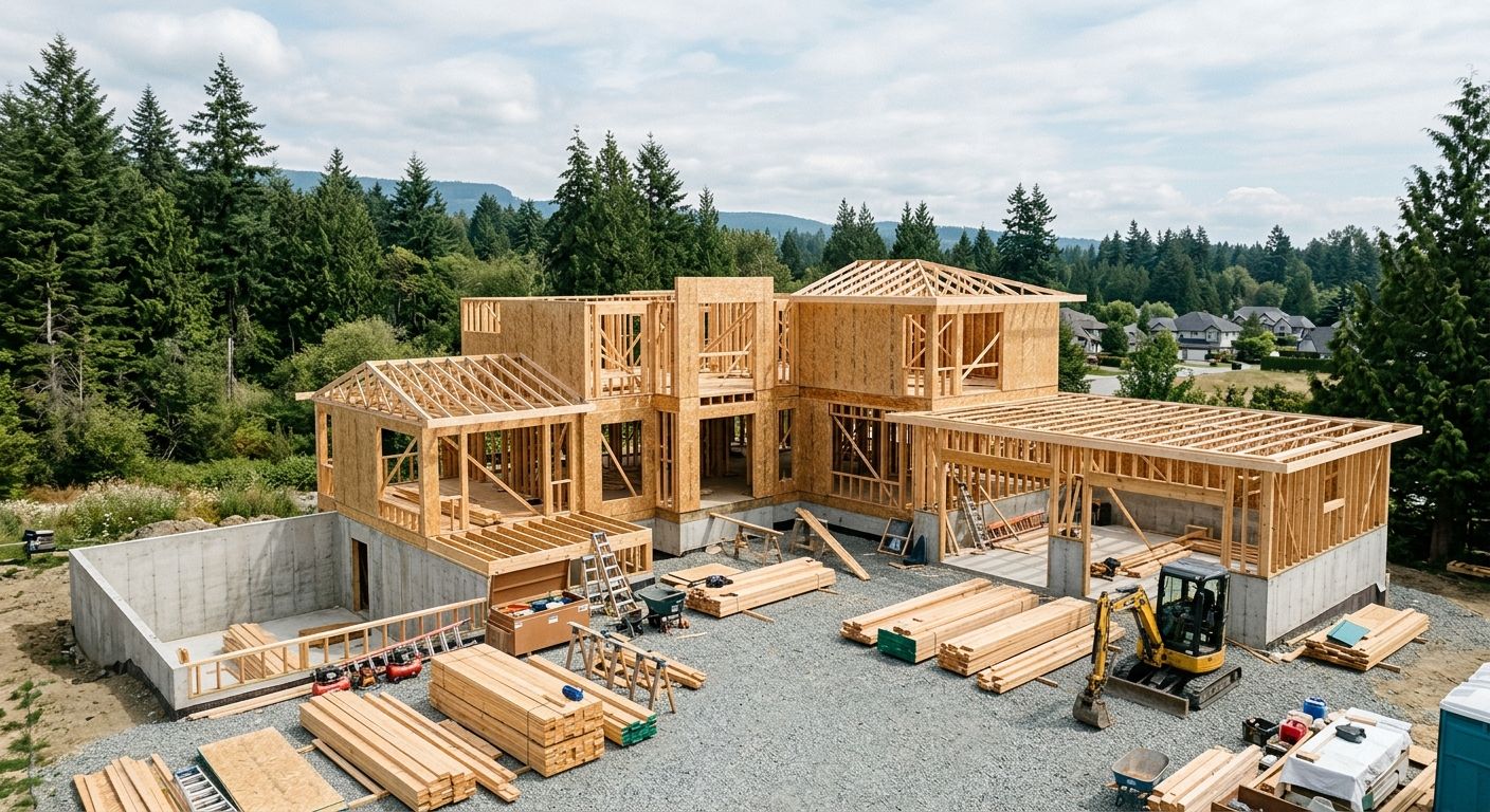 Custom home framing on a Langley residential construction site
