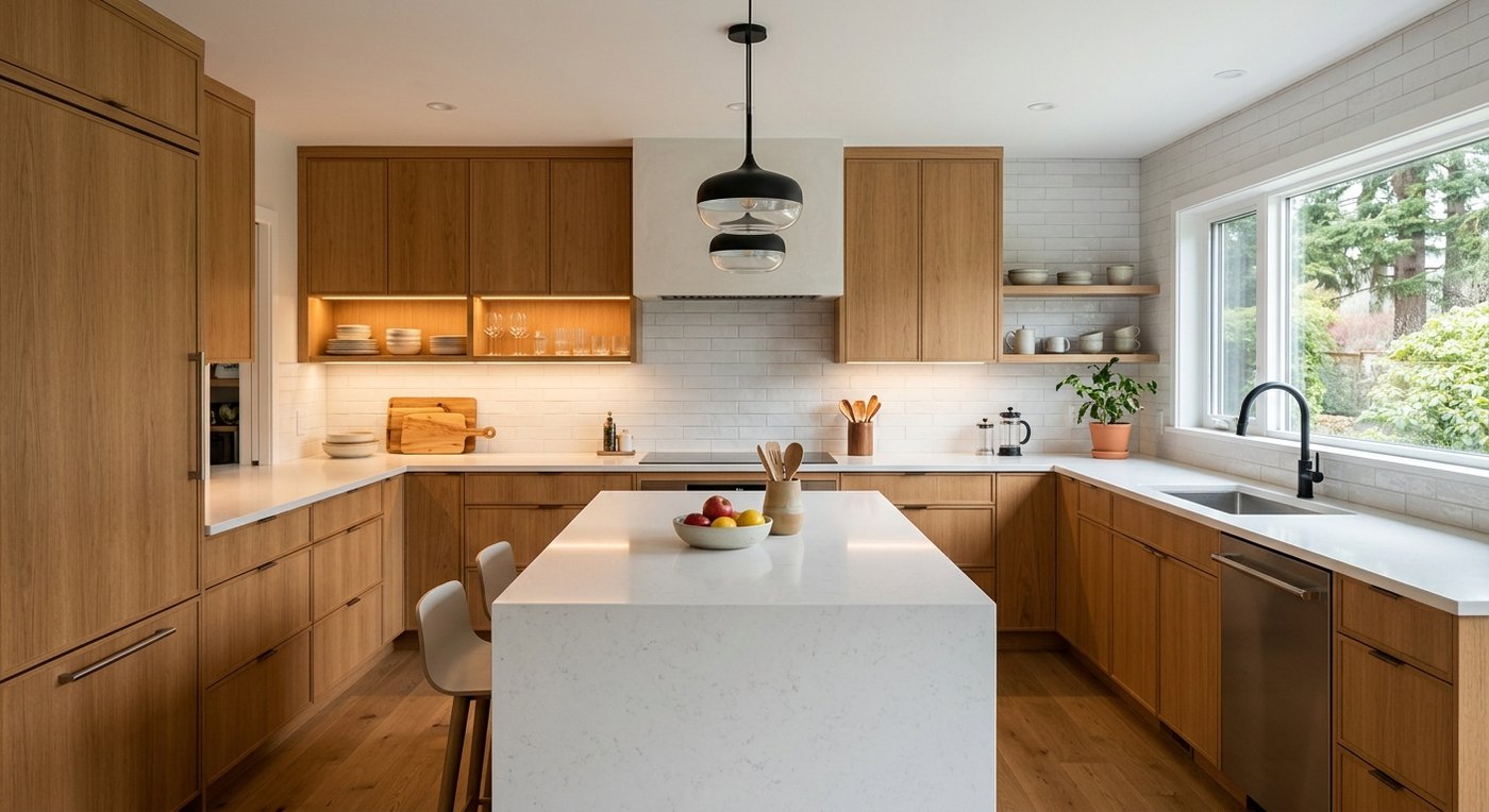 Finished custom kitchen renovation with wood cabinetry, quartz countertops, tile backsplash, and island lighting