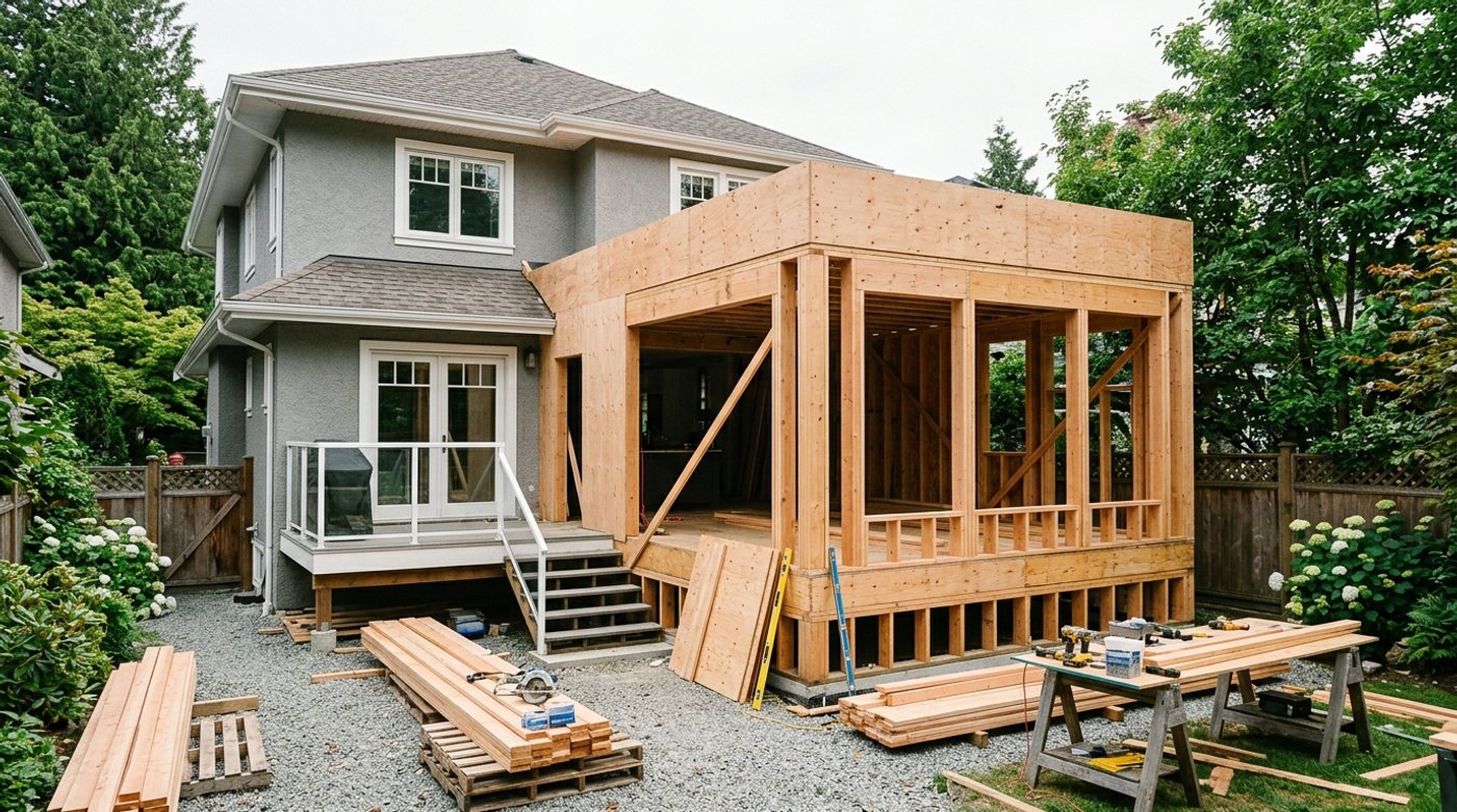 Framed home addition under construction beside an existing Greater Vancouver house