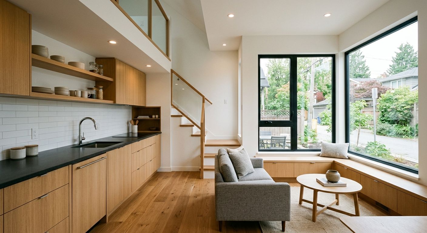 Compact modern Vancouver laneway home interior with efficient layout, large windows, and warm wood finishes