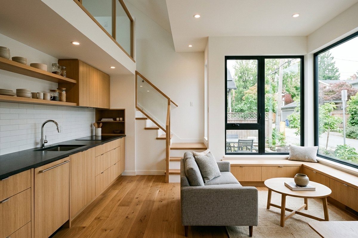 Compact modern Vancouver laneway home interior with efficient layout, large windows, and warm wood finishes