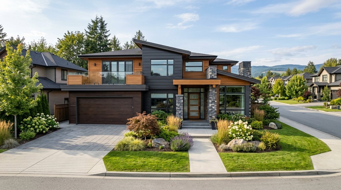 Finished modern custom home exterior in a Fraser Valley neighbourhood