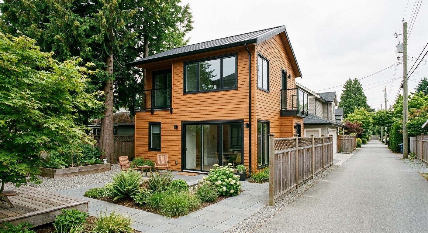Finished modern Vancouver laneway home with cedar siding, patio planting, and residential lane access