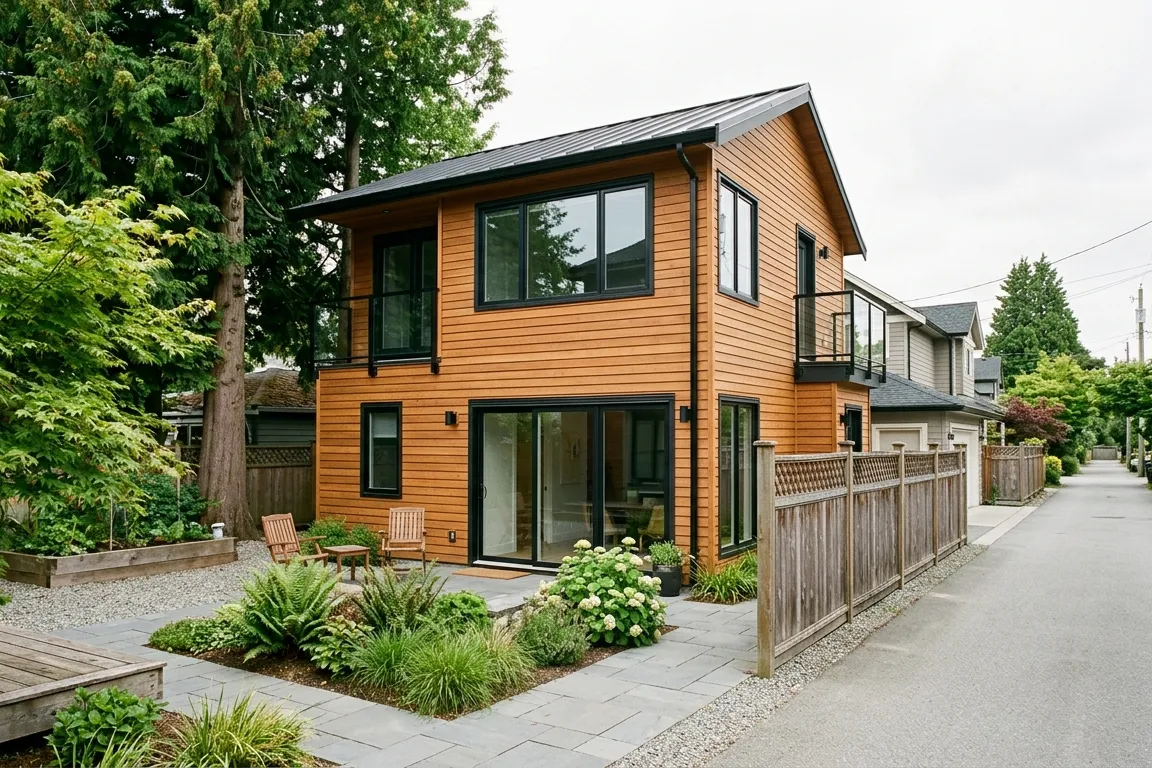 Finished modern Vancouver laneway home with cedar siding, patio planting, and residential lane access