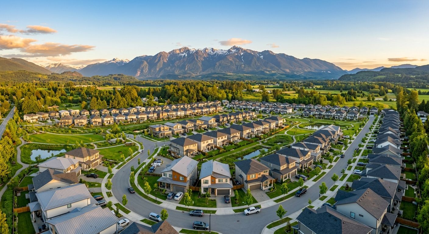 New homes in Fraser Valley BC with mountain backdrop — CoreVal Homes custom residential development