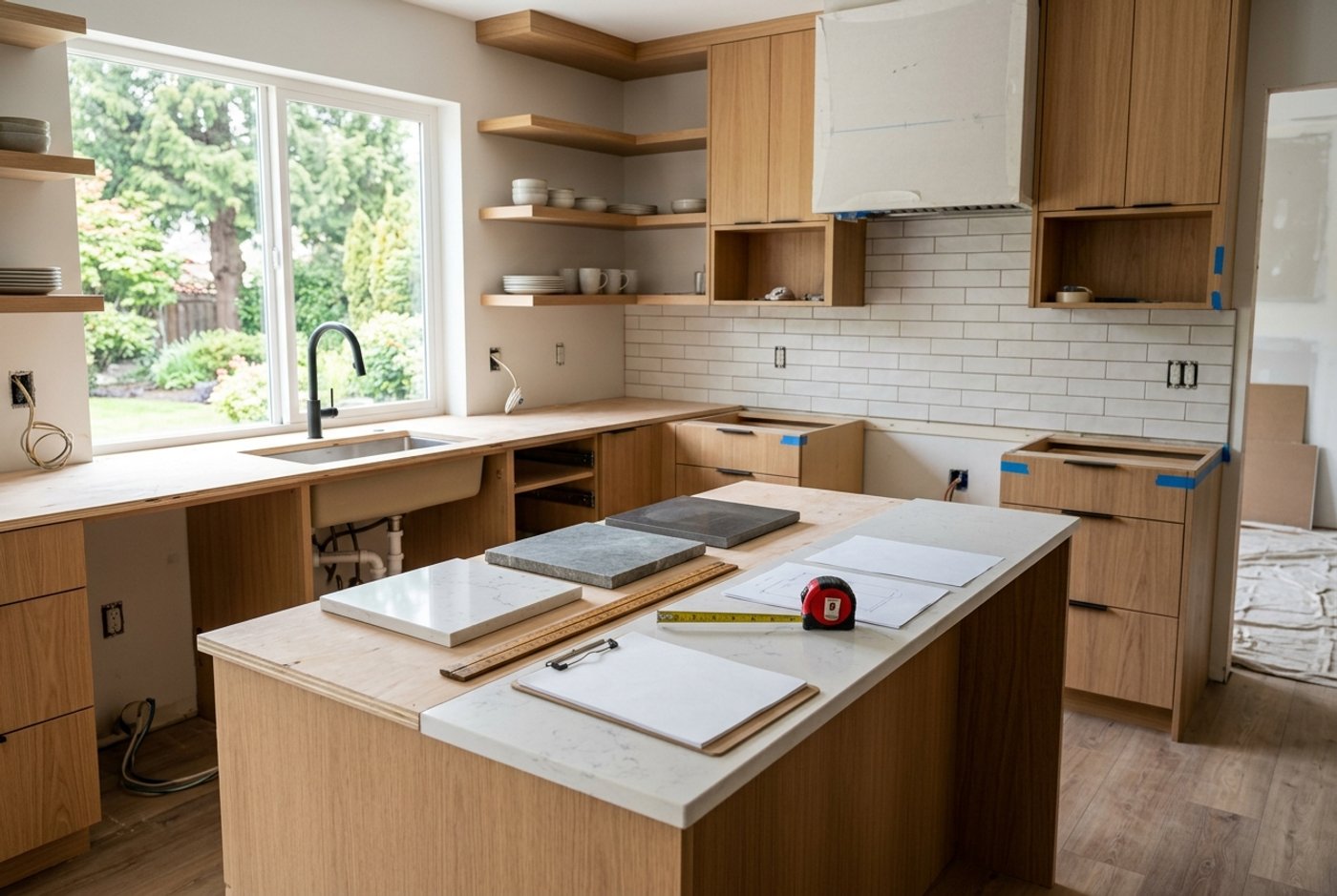 Kitchen renovation in progress with plans and material samples in a Greater Vancouver home