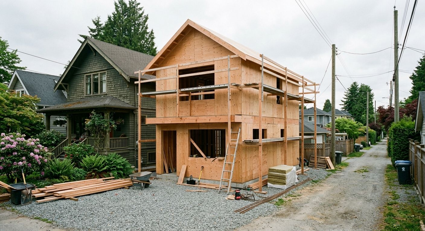 Laneway home construction behind a Vancouver house with clean framing and a tidy residential lane