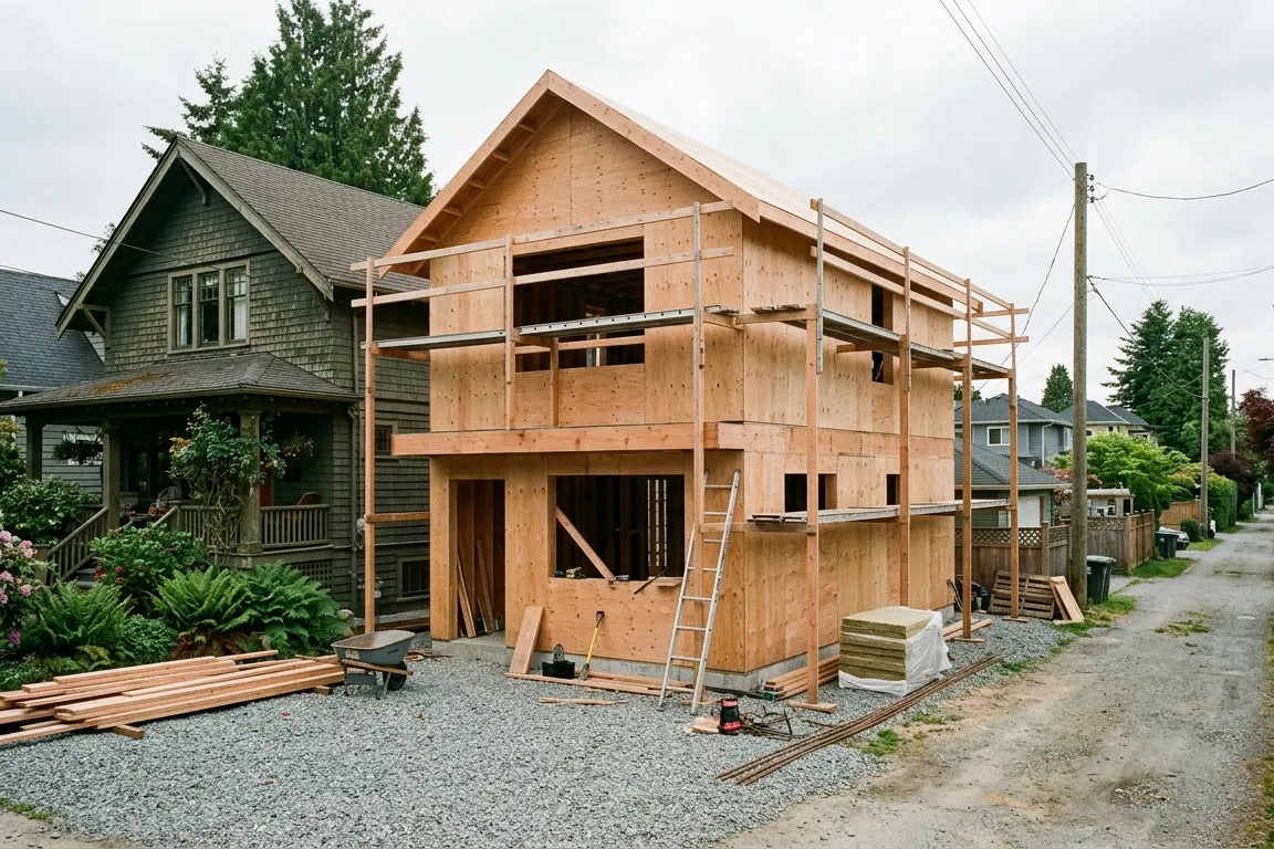 Laneway home construction behind a Vancouver house with clean framing and a tidy residential lane