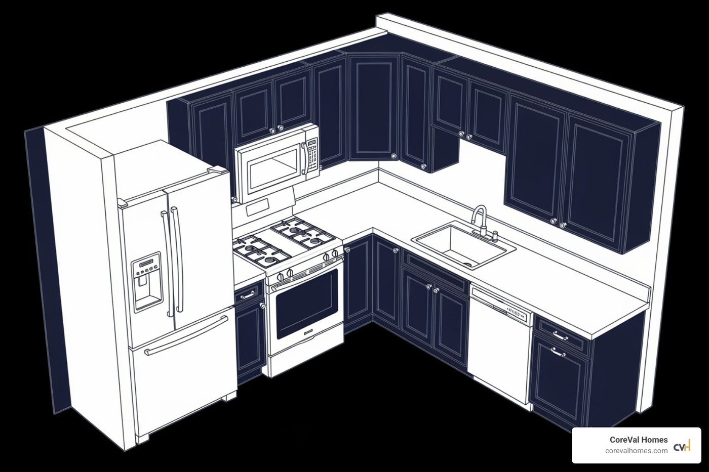 Diagram of a standard 10x10 kitchen layout with cabinets along two perpendicular walls