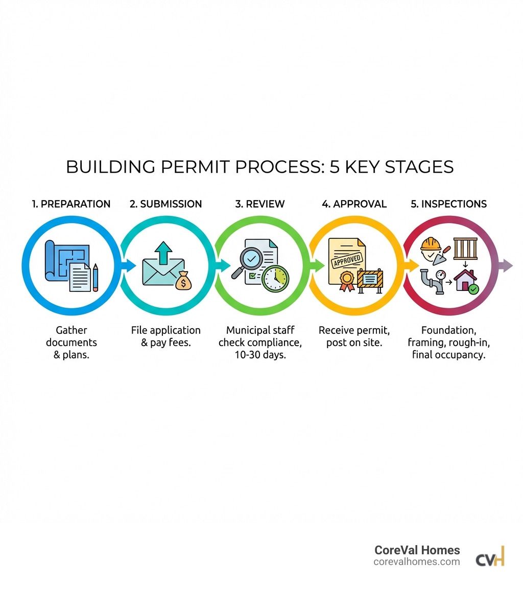 Infographic showing the 5 key stages of building permit process: 1. Preparation (gather documents and plans), 2. Submission (file application and pay fees), 3. Review (municipal staff check compliance, 10-30 days), 4. Approval (receive permit, post on site), 5. Inspections (foundation, framing, rough-in, final occupancy) - application for building permission infographic