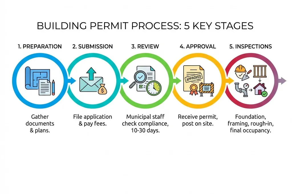 Infographic showing the 5 key stages of building permit process: 1. Preparation (gather documents and plans), 2. Submission (file application and pay fees), 3. Review (municipal staff check compliance, 10-30 days), 4. Approval (receive permit, post on site), 5. Inspections (foundation, framing, rough-in, final occupancy) - application for building permission infographic