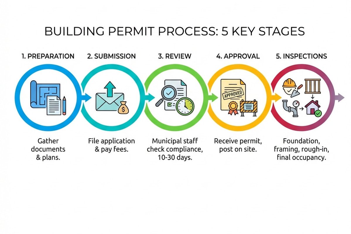 Infographic showing the 5 key stages of building permit process: 1. Preparation (gather documents and plans), 2. Submission (file application and pay fees), 3. Review (municipal staff check compliance, 10-30 days), 4. Approval (receive permit, post on site), 5. Inspections (foundation, framing, rough-in, final occupancy) - application for building permission infographic