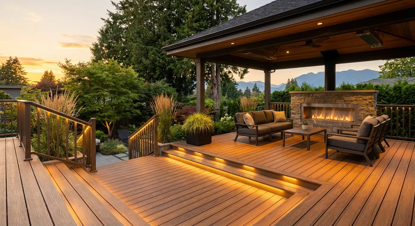 Premium outdoor deck and patio by CoreVal Homes Vancouver — covered lounge with mountain views