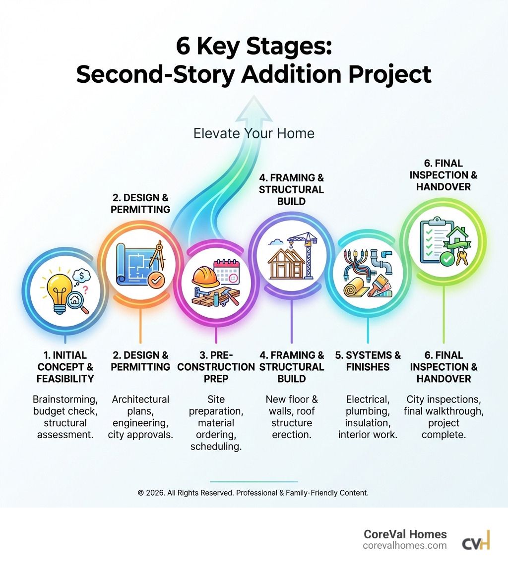 Infographic detailing the 6 key stages of a second-story addition project from initial concept to final inspection - Second floor addition plans infographic