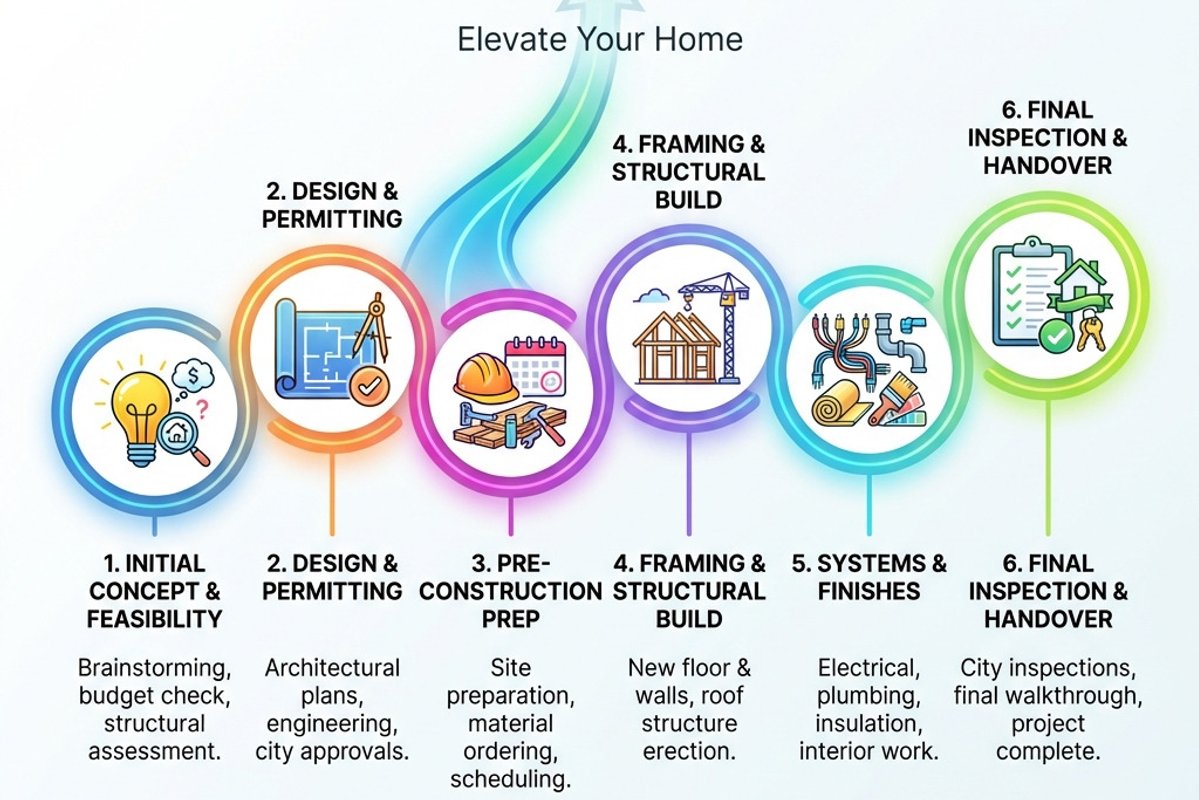 Infographic detailing the 6 key stages of a second-story addition project from initial concept to final inspection - Second floor addition plans infographic