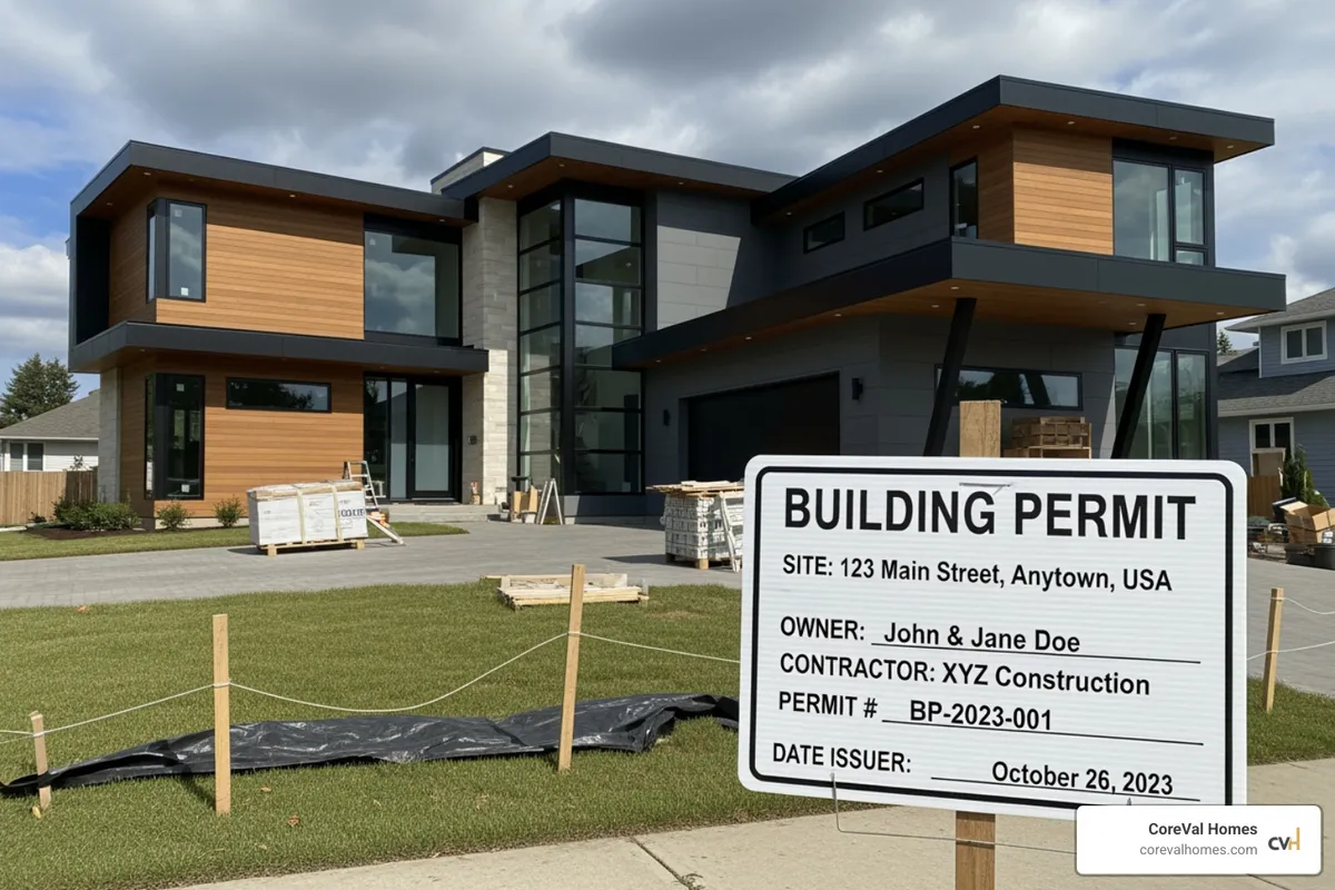 newly constructed custom home with permit posted sign - application for building permission