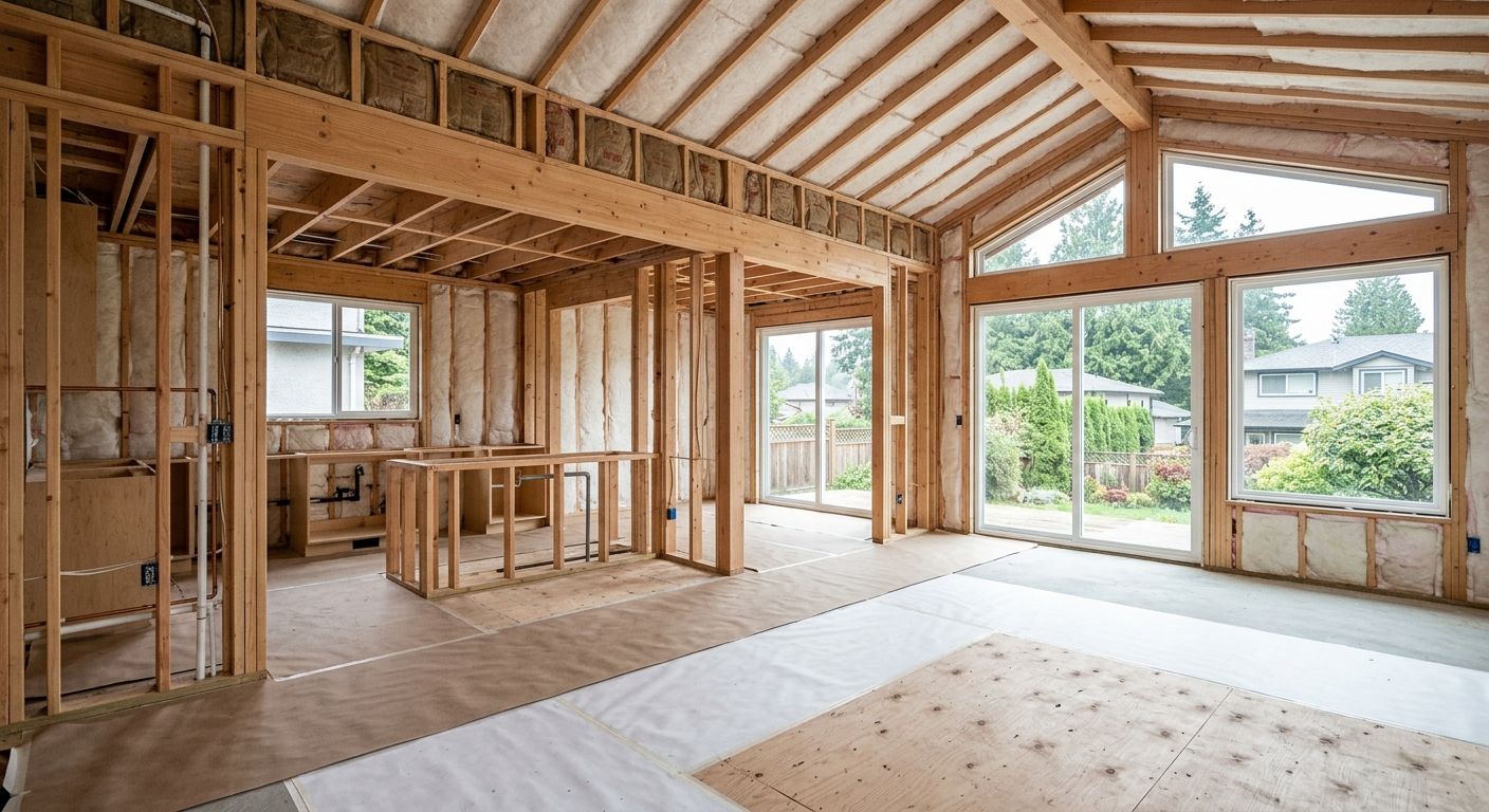 Tidy Metro Vancouver home renovation site with clean framing and organized construction materials