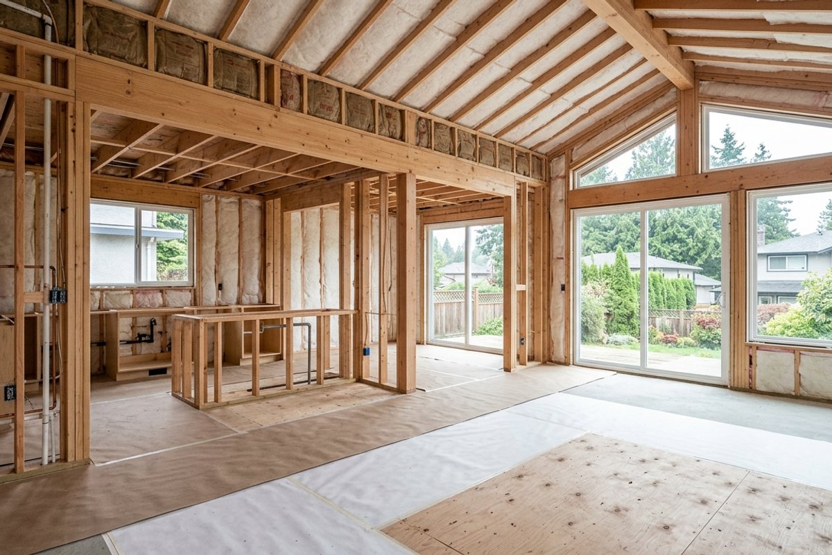 Tidy Metro Vancouver home renovation site with clean framing and organized construction materials