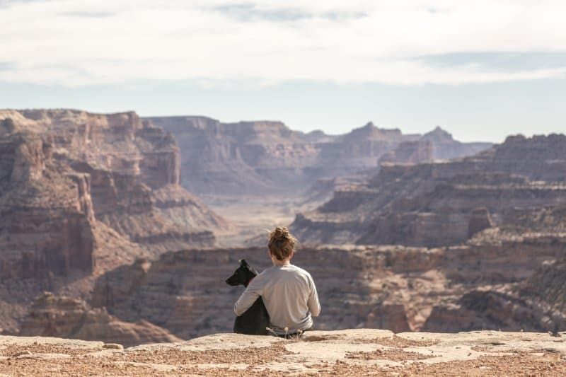 woman holding dog looking over the grand canyon