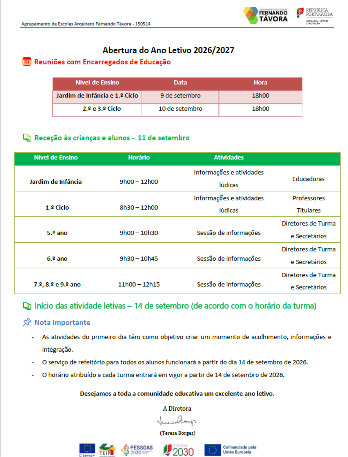 Calendário escolar - início das atividades escolares