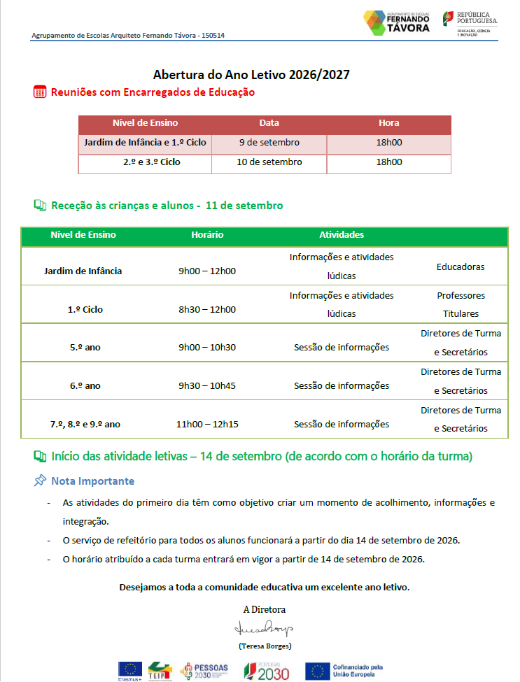 Calendário escolar - início das atividades escolares