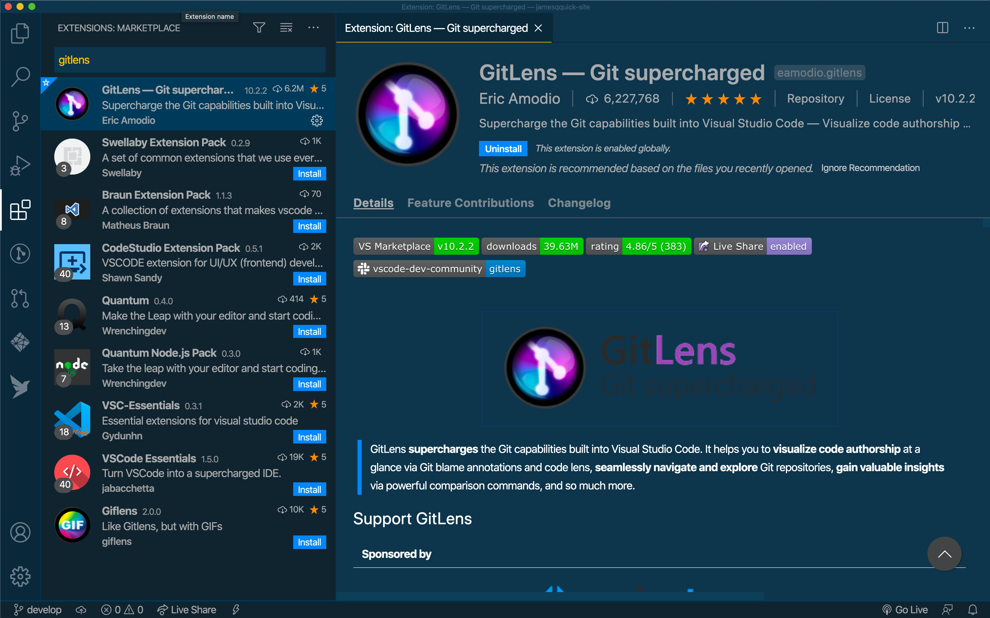 GitLens Extension in VS Code