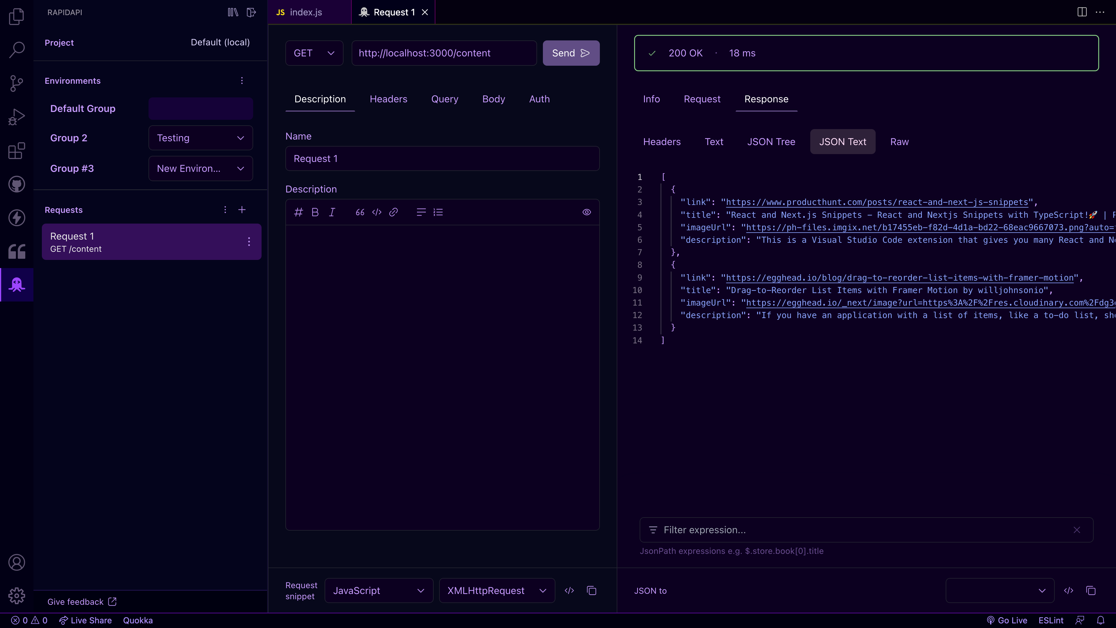 RapidAPI Client extension response data