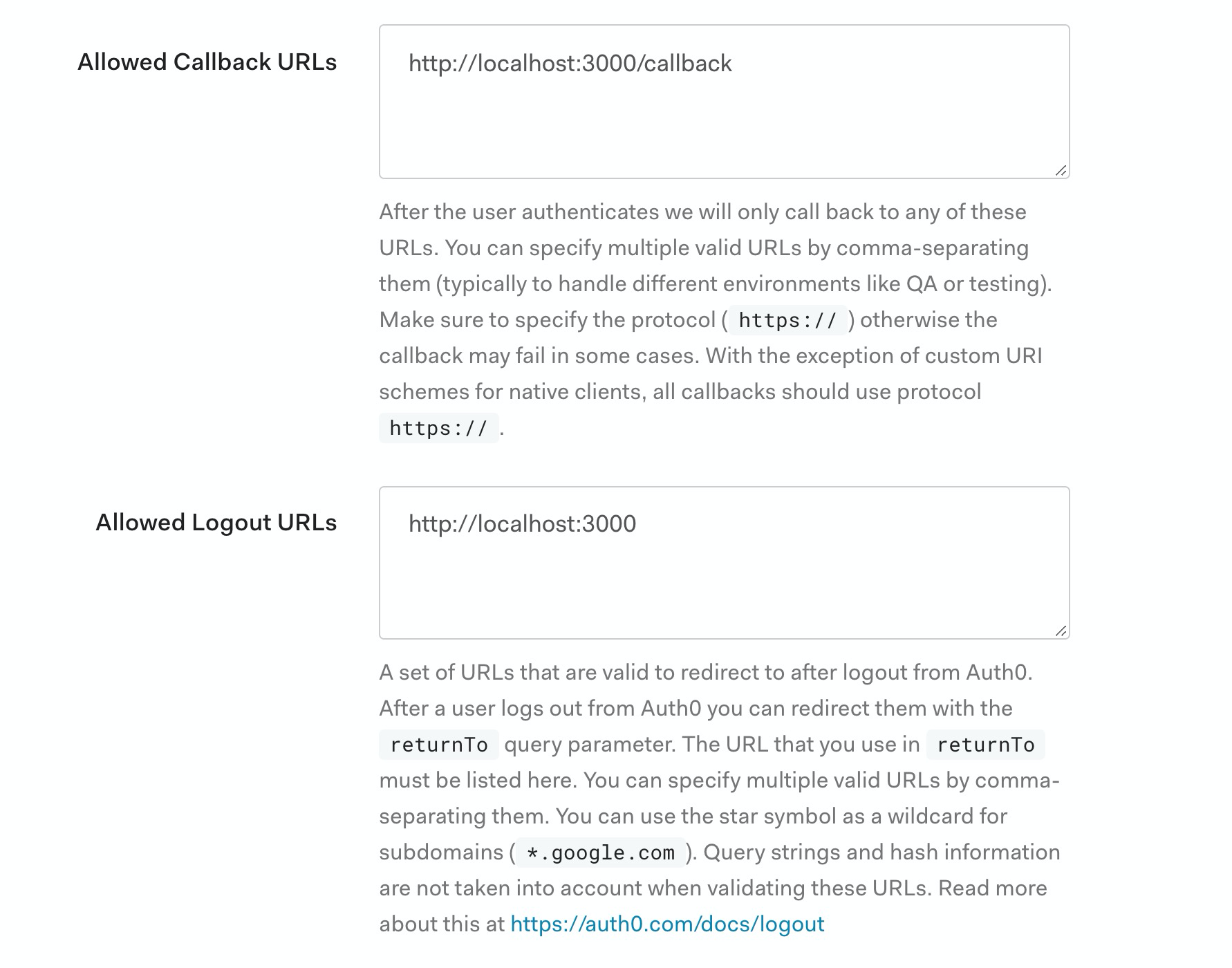 Callback URL and Logout URL properties in Auth0