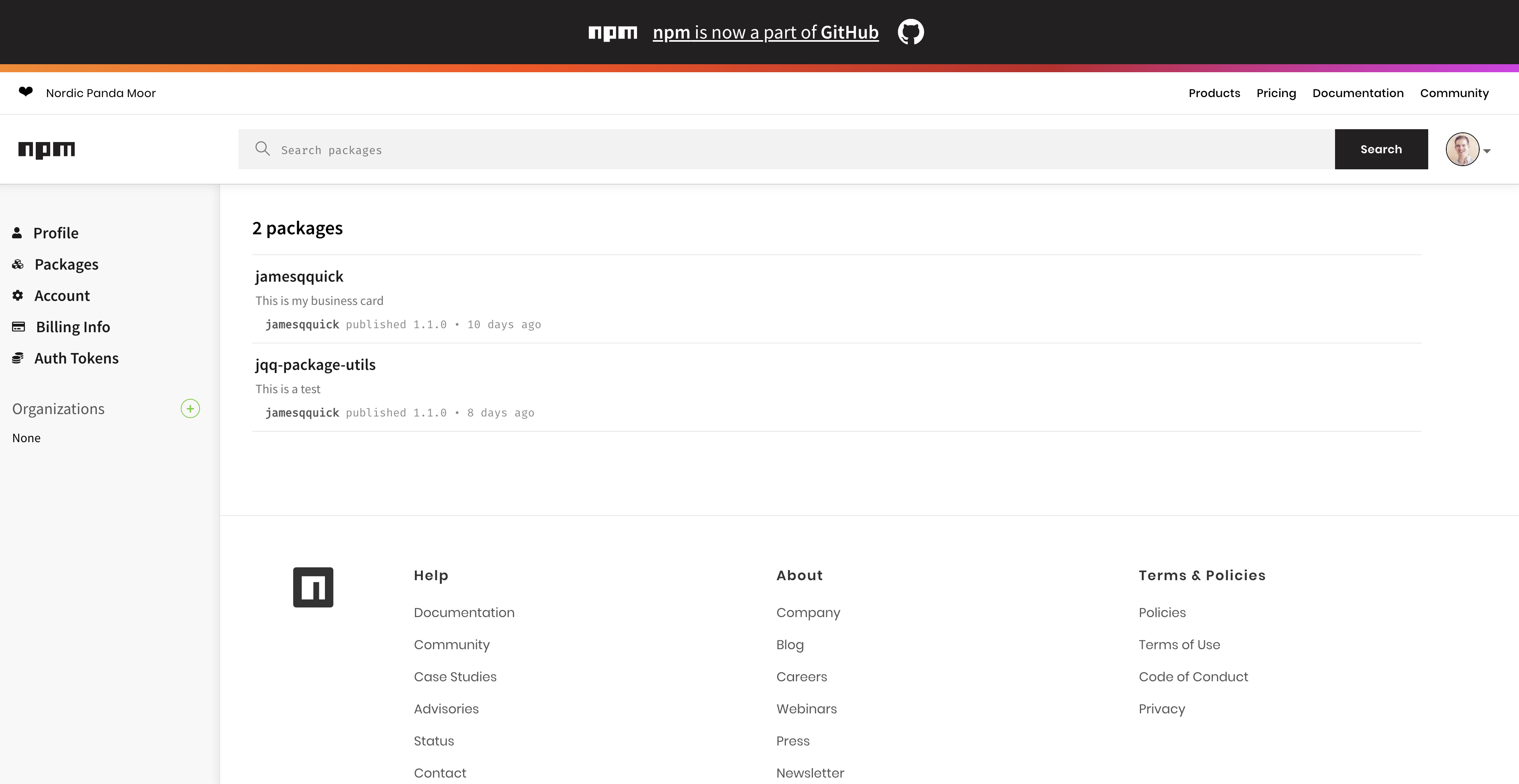 Published packages page