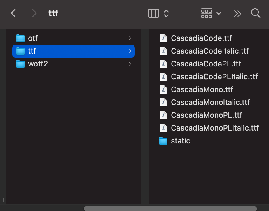 Cascadia Code font files list.