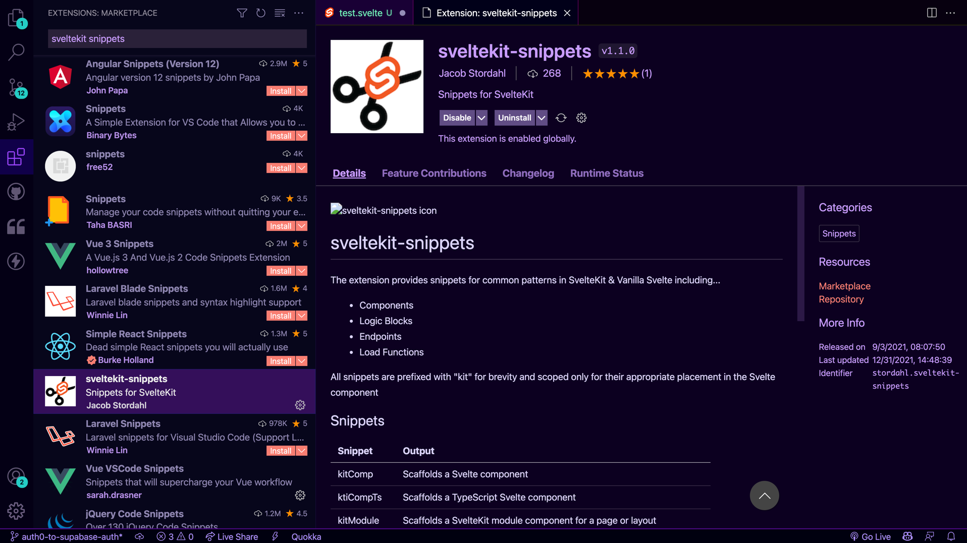 SvelteKit Snippets Extension
