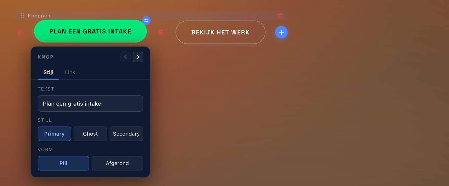 Style tab - button text, variant, and shape.