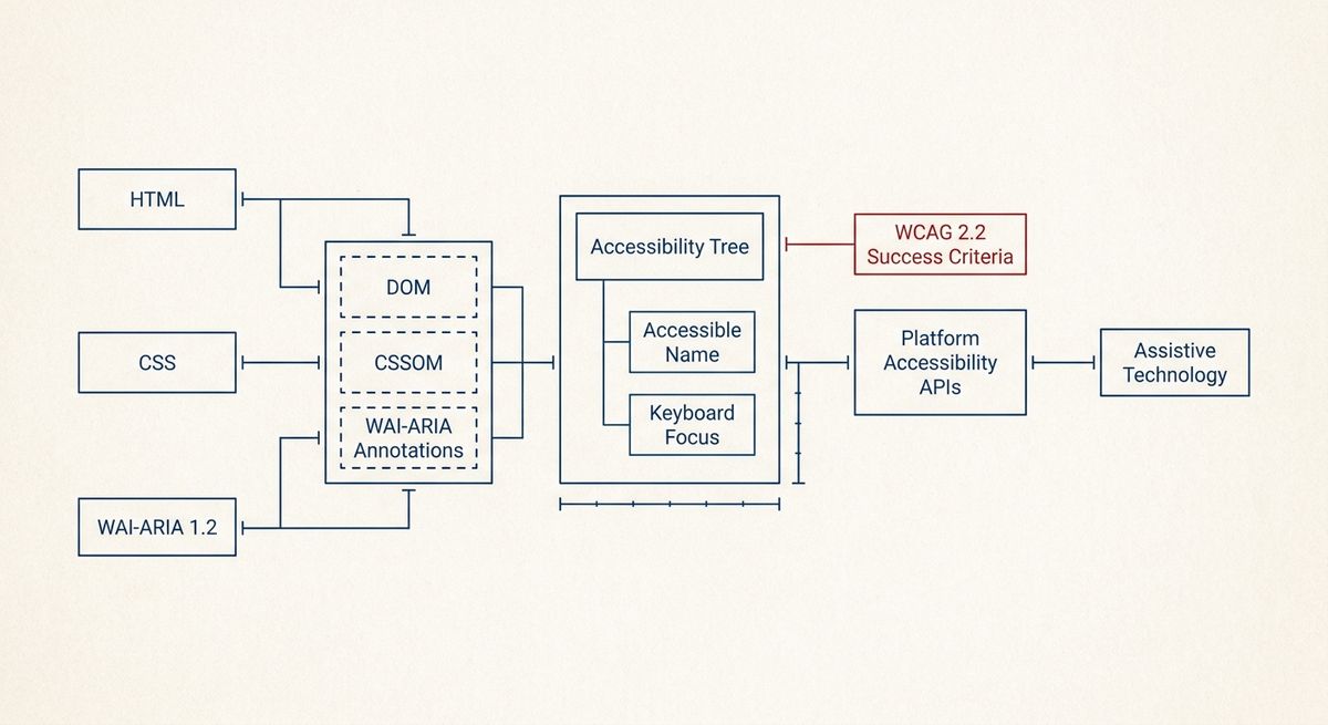 Diagram showing HTML, CSS, and ARIA inputs forming an accessibility tree that supports WCAG 2.2 conformance checks.
