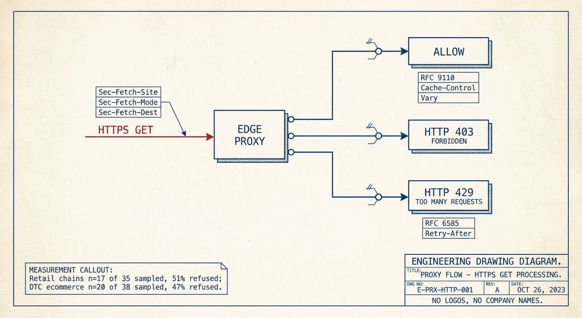 Line-art flow diagram showing an HTTPS GET classified at an edge proxy into allow, 403, and 429 outcomes with relevant HTTP headers and retail refusal measurements.