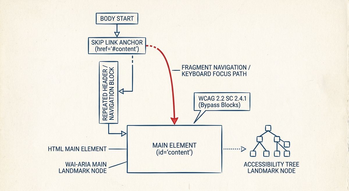 Diagram of a skip link before repeated navigation pointing to the main element and exposed as a main landmark.