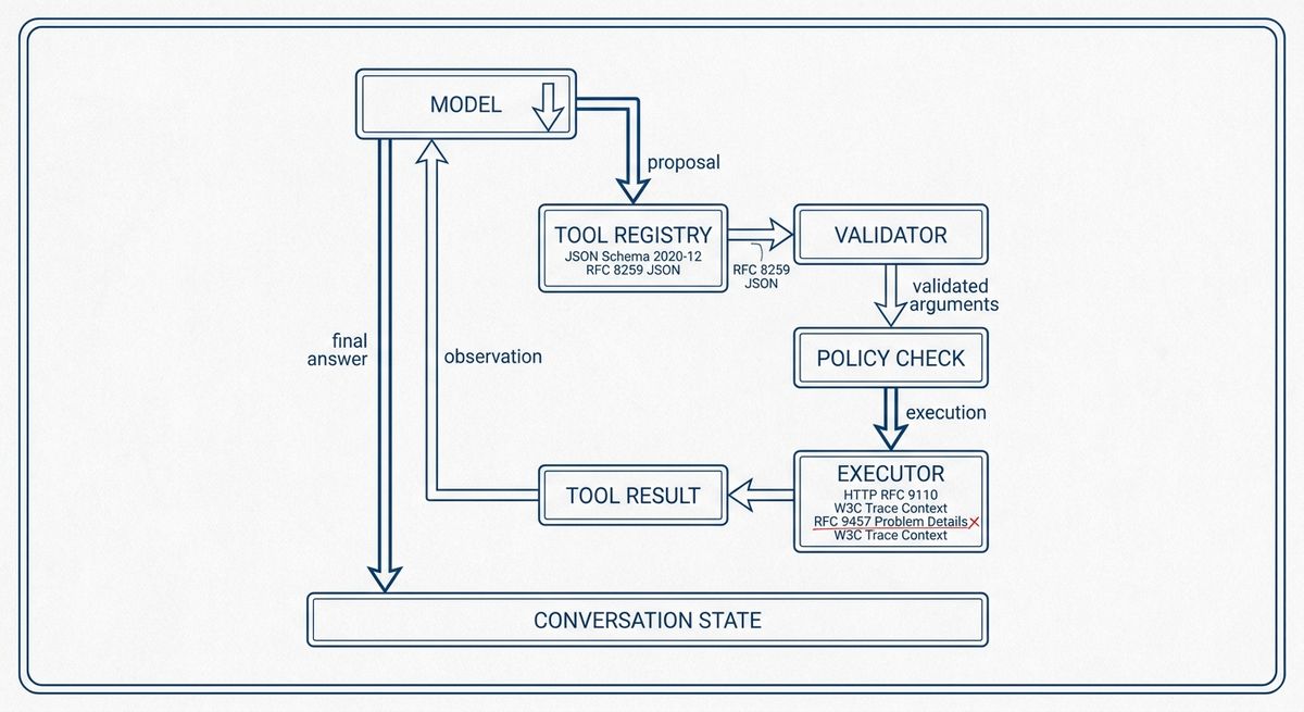 Engineering diagram of a bounded AI agent loop from model proposal through schema validation, policy check, tool execution, and observation.