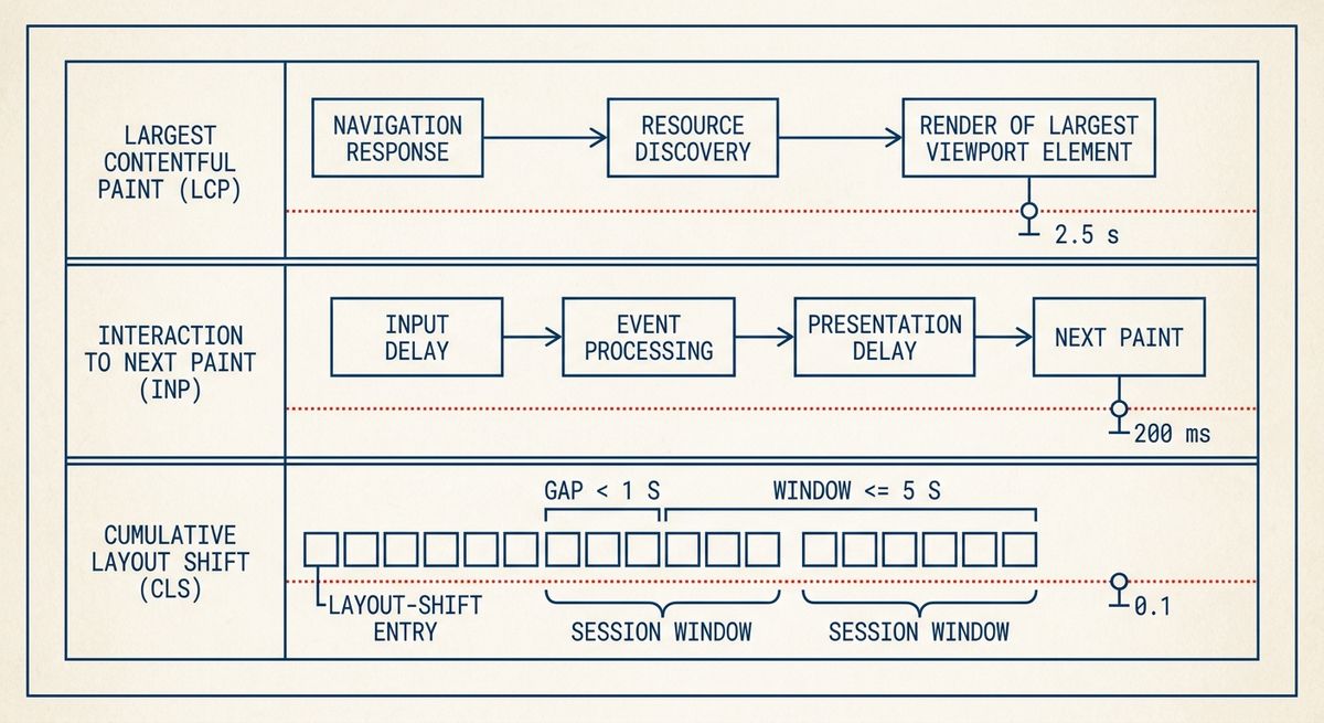 Line-art diagram showing how LCP, INP, and CLS map to loading, interaction, and layout-shift timelines.