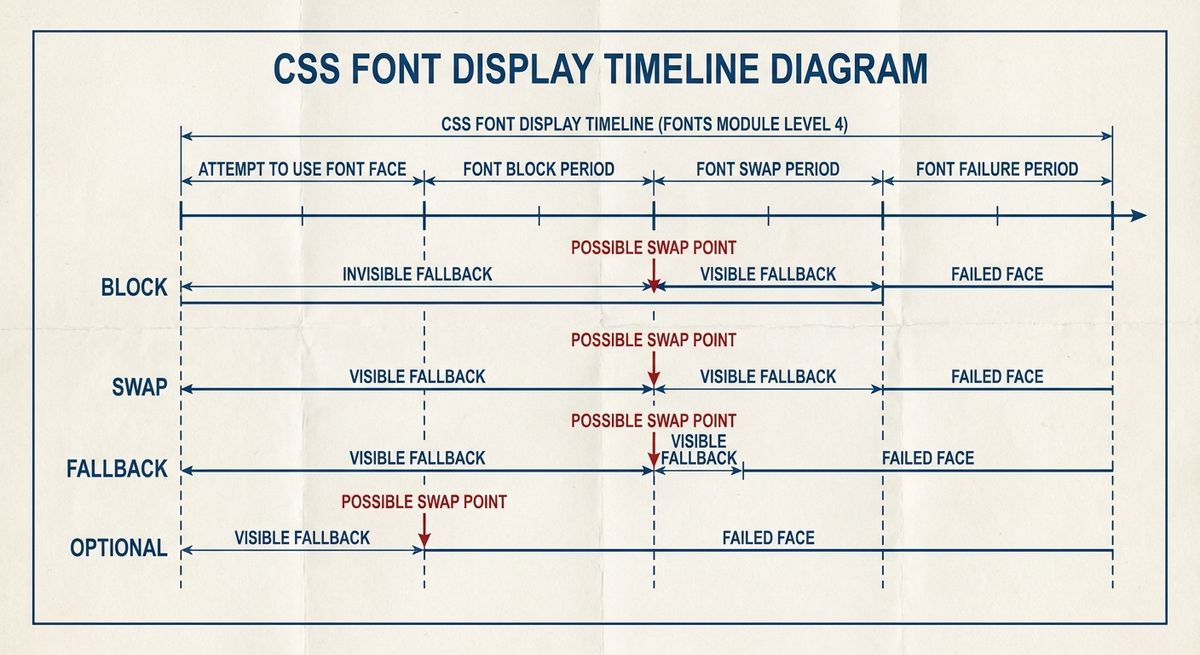 Diagram of the CSS font display timeline showing block, swap, fallback, and optional periods.